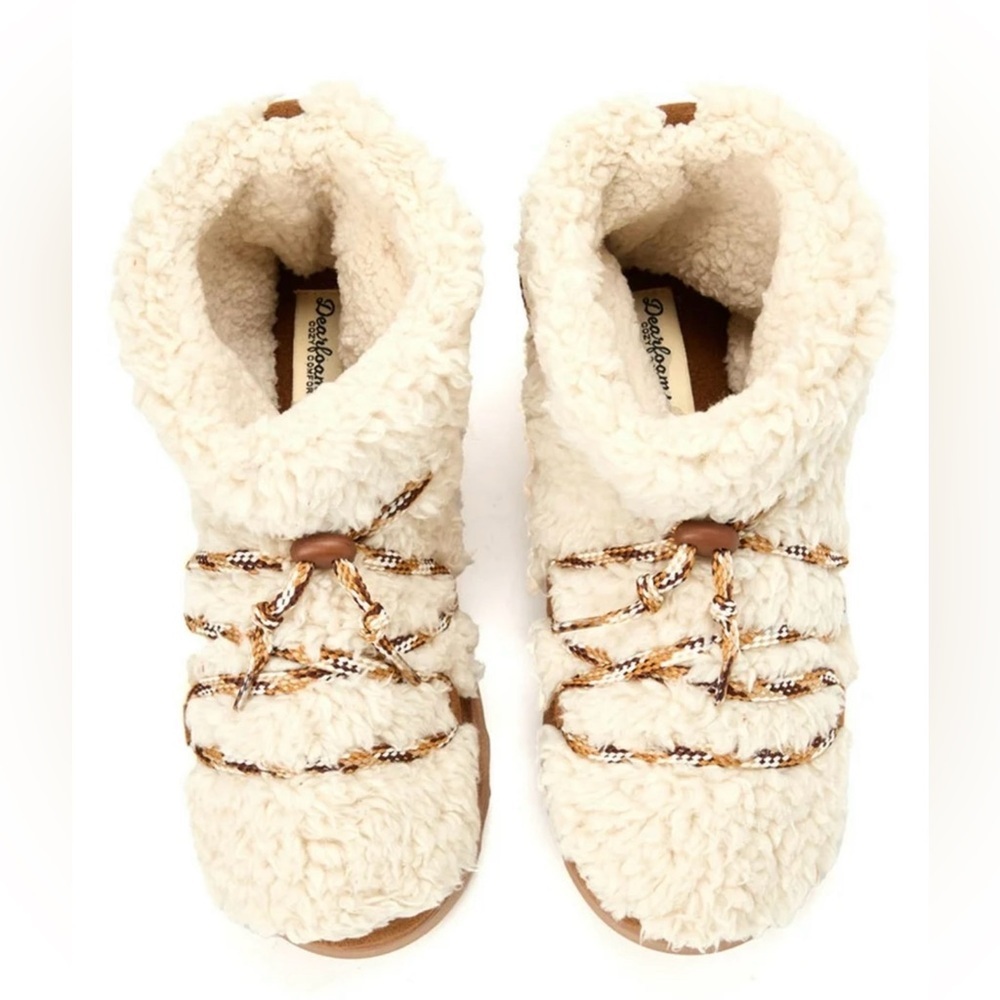 dearfoams Cream Sherpa Lace-Up Booties with Brown Suede Trim - Picture 3 of 12